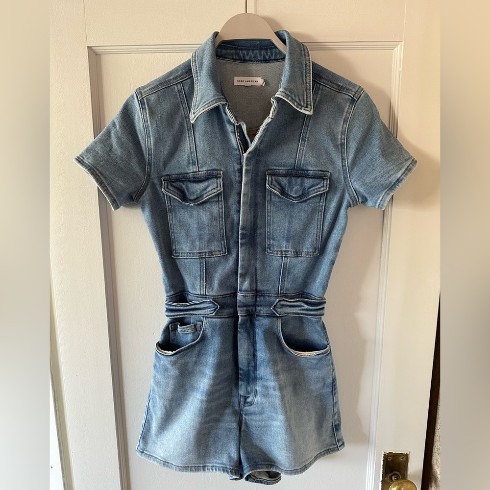 Good American Medium Wash Denim Romper